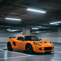 highly detailed underground parking garage showcasing one only one single lone sparkly orange Lotus Elise, fluorescent ceiling lights, by Beeple and Syd Meade, concept art, octane render, 8k HDR, artstation