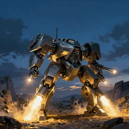 an armored core v by liam wong, booster flares, legs, laser rifles, karst landscape, outdoor, dark blue sky, cloud, wilderness ground, golden time, twilight ; close up, view from behind, digital painting, photoreal, cinematic contrast, dynamic backlighting, sharp edge, motion blur
