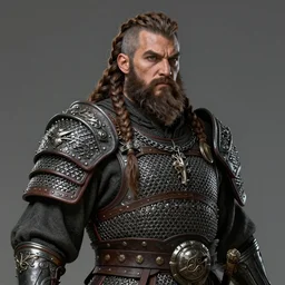 attractive and rugged male dwarf warrior with a braided beard wearing chainmail armor, character portrait, concept art, intricate details, highly detailed photorealistic, concept art, art in the style of adam hughes, seseon yoon, artgerm and warren louw