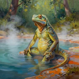highly detailed oil painting of a reptile man sitting in a steaming colorful hotspring with woodland forest backdrop, featured on artstation