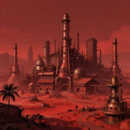 beautiful steampunk landscape, industrial city, matte painting, red colors