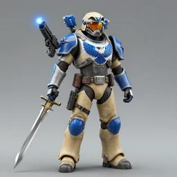 futuistic soldier with khaki and blue armor decorated with blue eagles holding laser blaster and sword, realistic