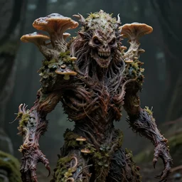 full frontal view, a extremely scary horror photograph of a fantasy creature made out of nature and fungus, intricate, hyperrealism, sharp focus, cinematography, highly detailed, octane render, horror cgi 4 k, matte, photograph by professional photographer