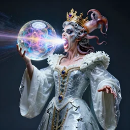 a perfect majestic portrait photograph of a distorted, contorted human monarch ludicrously inflated almost to bursting. their gaping mouth is blasting colored rays of pure energy in a fractal glass sphere. saran wrap robes of shattered porcelain, and a crown of squid engulfing their head.