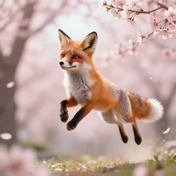great little fox jumping in sakura flowers, unreal engine, dynamic, graceful, ray tracing, sun glares