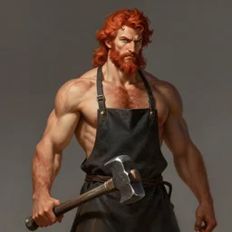 portrait of rugged hephaestus, god of forge, greek god, red hair, masculine, mature, handsome, upper body, muscular, hairy chest, holding a hammer, blacksmith apron, fantasy, intricate, elegant, highly detailed, digital painting, artstation, concept art, smooth, sharp focus, illustration, art by gaston bussiere and greg rutkowski