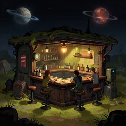 inside a bar, in a small remote outpost, on a remote planet, cyberpunk style, from a point and click 2 d graphic adventure game, set design inspired slightly by tomb raider, art inspired by [ [ thomas kinkade ] ] and [ mark keathley ]
