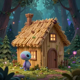 a cartoonish cute anthropomorphic hellish alien is near a house made of only straws in a mystical forest full of wonders, pine trees, magical atmosphere, trending on artstation, 30mm, by Noah Bradley trending on ArtStation, deviantart, high detail, stylized portrait H 704