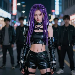 hyper realistic photograph portrait of cyberpunk hot pretty girl with purple dreadlocks, wearing a full leather outfit, cyber implants, in city street at night, by makoto shinkai, ilya kuvshinov, lois van baarle, rossdraws, basquiat