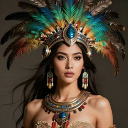 a beautiful female aztec warrior wearing a futuristic crown of very long quetzal feathers, by riccardo federici, xin haicheng, and artgerm, with a perfect body and perfectly positioned face, strong jawline and flowing dark hair, brown eyes, fair skin, global illumination h - 7 0 4