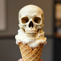 A skull on top of an ice cream cone, food photography