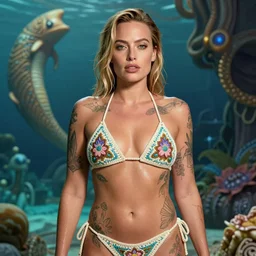 margot robbie posing in a magical crochet bikini in front of atlantis, tattooed body, wet boody, highly detailed realistic face, highly detailed eyes, fantasy art, in the style of greg rutkowski, illustration, epic, fantasy, intricate, hyper detailed, artstation, concept art, smooth, sharp focus, ray tracing, vibrant, margot robbie portrait