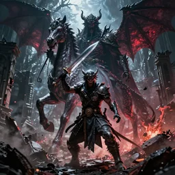 Concept art of a dragon slayer, approaching a creepy sentinel horseman wielding a mythical blade in the abandoned ruins, sharp, high detail, contrast between darkness and light, good versus evil, cinematic lighting, vibrant colors, photorealism, terror, hysterical, horrifying, digital art, destruction, the void, ominous, octane render, fear, very detailed, evil, trending on artstation, intricate details, high definition, 16k, Artstation, Dark Souls by WLOP