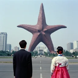 a kaiju - eiga filmstill of a man in a suit and a woman in hanbok looking at a giant humanoid starfish creature in the middle of pyongyang city, 1 9 5 0 s film noir, kaiju thriller, 3 5 mm film, ultrawide long lens, view from afar