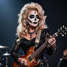 Dolly Parton with black metal corpse paint on her face and playing an electric guitar, 8k, dslr, cinematic,