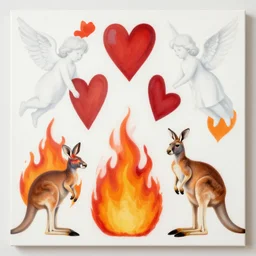 abstract painting including hearts, angels, fires, and kangaroos