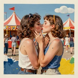 two women kissing at a carnival in summer, mixed media collage, retro, paper collage, magazine collage, acrylic paint splatters, bauhaus, claymation, layered paper art, sapphic visual poetry expressing the utmost of desires by jackson pollock