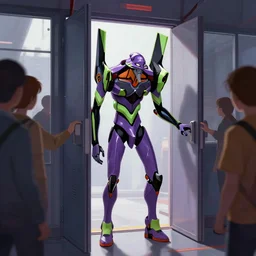 robot opening the doors for everyone, screenshots of evangelion, trending on artstation