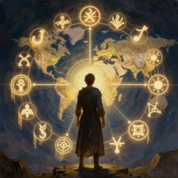 an epic painting of an artist, surrounded by glowing symbols drawing with tassel outlines of the new world, back view, fantasy background, mystic, mysterious, oil on canvas, symmetric, perfect composition, golden ratio, digital painting, concept art, smooth, sharp focus, illustration, artstation trending, octane render, unreal engine, hd, 8 k, highly detailed