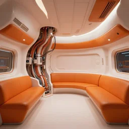 realistic cinematic sci - fi mothership interior cabin orange and white minimalist design comfortable classy luxury - machinery, tubes wires path matte painting masterpiece warm tones quiet
