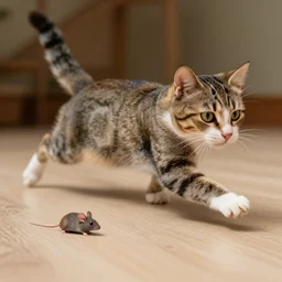 a cat,, chasing & a mouse