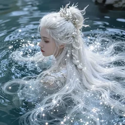 ultra realistic beautiful glowing sparkling shimmering ethereal white hair submerged in water fantasy art portrait, elegant hair, complex design hair, ultra realistic, wide angle, intricate details, fantasy artifacts, highly detailed by peter mohrbacher, hajime sorayama, wayne barlowe, boris vallejo, aaron horkey, gaston bussiere, craig mullins