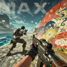 An ultra high-resolution 8K full-canvas scan of a player in first person  in a call of duty map, fine art, trending, featured, 8k, photorealistic, dynamic, energetic, lively perspective, well-designed masterpiece, hyper detailed, unreal engine 5, IMAX quality, cinematic, epic lighting, light and shadow, ocean caustics, digital painting overlaid with aizome patterns, by Ohara Koson and Thomas Kinkade, traditional Japanese colors, superior quality