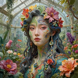 a beautifull intricate greenhouse with many flowers, intricate detailed color smashing fluid oilpaint, 3 d render, hyper realistic detailed portrait, color leaves, ruan jia, wlop. scifi, fantasy, hyper detailed, octane render, concept art, by peter mohrbacher, by wlop, by ruan jia