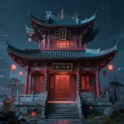 chinese traditional shrine on hill cyberpunk