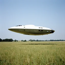 1976 photograph, England, summer, a spaceship floating close to a field