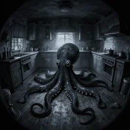 dark smoke emo black, fisheye, naive, extra narrow, detailed illustration of an unlit kitchen, large floor, octopus shaped by rhads from lorax movie