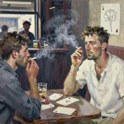 oil painting in the style of john craxton sailors in the shadows of a pub. playing cards. aesthetics to ivon hitchins. brush marks. strong lighting. holding cigerettes. smokey bar. seated figure hands on table. strong expressions on faces. cheekbones. single flower. line drawing on painting,