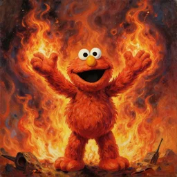 elmo holding his arms up standing in front of epic apocalyptic flames, menacing ritual of invocation, elmo, oil painting by michael whelan, striking detail