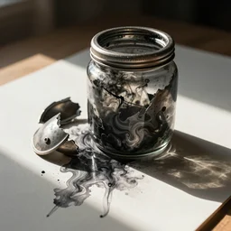 airbrush of broken jar of swirling ink on a desk, dramatic afternoon lighting, intense watercolor, heavy metal, by moebius