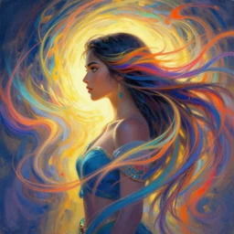 side profile centered painted portrait, Maya Ali as a wind sorceress, D&D, matte painting concept art, art nouveau, beautifully backlit, swirly vibrant color lines, aesthetic octane render, 8K HD Resolution, by ilya kuvshinov and Cushart Krentz and Gilleard James