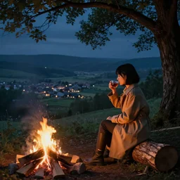 A panoramic photograph of a girl with short black hair in a tan tenchcoat sitting on a log and drinking tea by the campfire at night in a grove, large landscape with a village in the valley, ray tracing final fantasy cinematic trailer, Jakub Rozalski