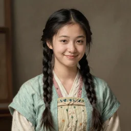 a sadly smiling! black haired, young peasant woman from the 19th century who looks very like yooung (((Lee Young Ae))) with a two french braids, pastel colours, detailed, painting by Rembrandt, Csók István and da Vinci