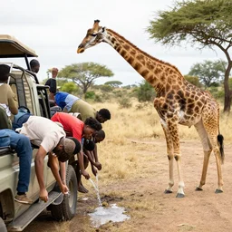 a giraffe in a safari truck in south africa watching humans drink water mid dat
