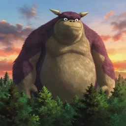 giant monster, forest, tree tops, 4 k, artgerm, high detail, dramatic lighting, sunset, hayao miyazaki, masashi ando, nizou yamamoto, kazuo oga, joe hisaishi, yoji takeshige, naoya tanaka