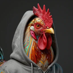 an extremely psychedelic portrait of a rooster using a hoodie, surreal, LSD, face, detailed, intricate, elegant, lithe, highly detailed, digital painting, artstation, concept art, smooth, sharp focus, illustration, art by Jason Edmiston