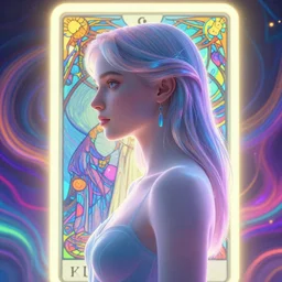 side portrait, imogen poots paladin!, gloomhaven, soft, smooth, luminescent, art nouveau tarot, backlit neon glow, colorful swirly ripples, fancifully gaudy colors, aesthetic octane render, unreal engine, 8 k, by mucha, ilya kuvshinov!, cushart krenz