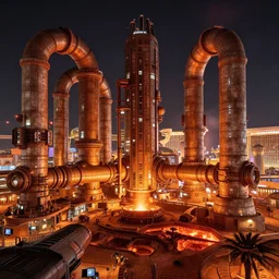 a bulbous space-station city las vegas at night with gigantic megalithic pipes inspired by a nuclear reactor submarine and maschinen krieger, ilm, beeple, star citizen halo, mass effect, starship troopers, elysium, iron smelting pits, high tech industrial, warm saturated colours