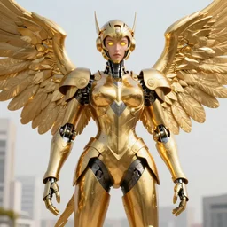 maria of metropolis, humanoid robot, golden full body armor, wide open wings, beautiful helmet in the shape of a face, glowing yellow eyes, scifi, glowwave, giant flowers background, futuristic, raytracing, cinematic lighting, artstation, divine, unreal engine 5 rendered, art style by pixar warner bros dreamworks disney and kazuya takahashi