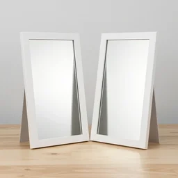 two mirrors with a white frame standing parallel side by side to each other refracting each other recursively on a table, octane render 8 k