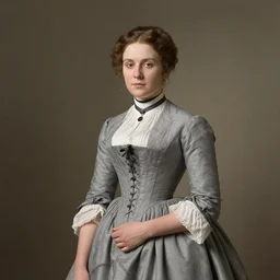 portrait of Dasha Nekrasova wearing grey 1850 dress, in the style of the Hudson River School