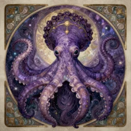 queen of the purple octopus, artgerm, portrait, muted colors, artstation, character concept art, border and embellishments inspiried by alphonse mucha, fractals in the background, galaxy