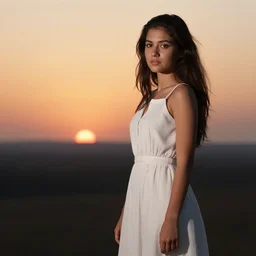 a photo of a young woman in a white dress at sunset by Joe McNally, photography in the style of Joe McNally