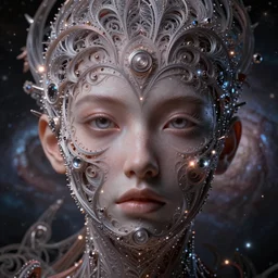 intricate hyper detailed ultra sharp portrait photo, unsplash transparent fractal, galaxy in the background, intricate details, human face, facial features, elegant, hyper realistic, ultra detailed, octane render, volumetric cinematic lighting, 8 k post - production