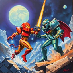 1 9 7 9 retro box art nes. commodore 6 4. doomguy vs metroid. artgerm. coherent. keith parkinson. oil on canvas
