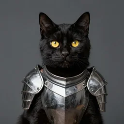 a black cat with yellow eyes wearing knight armor, realistic photograph, studio lighting